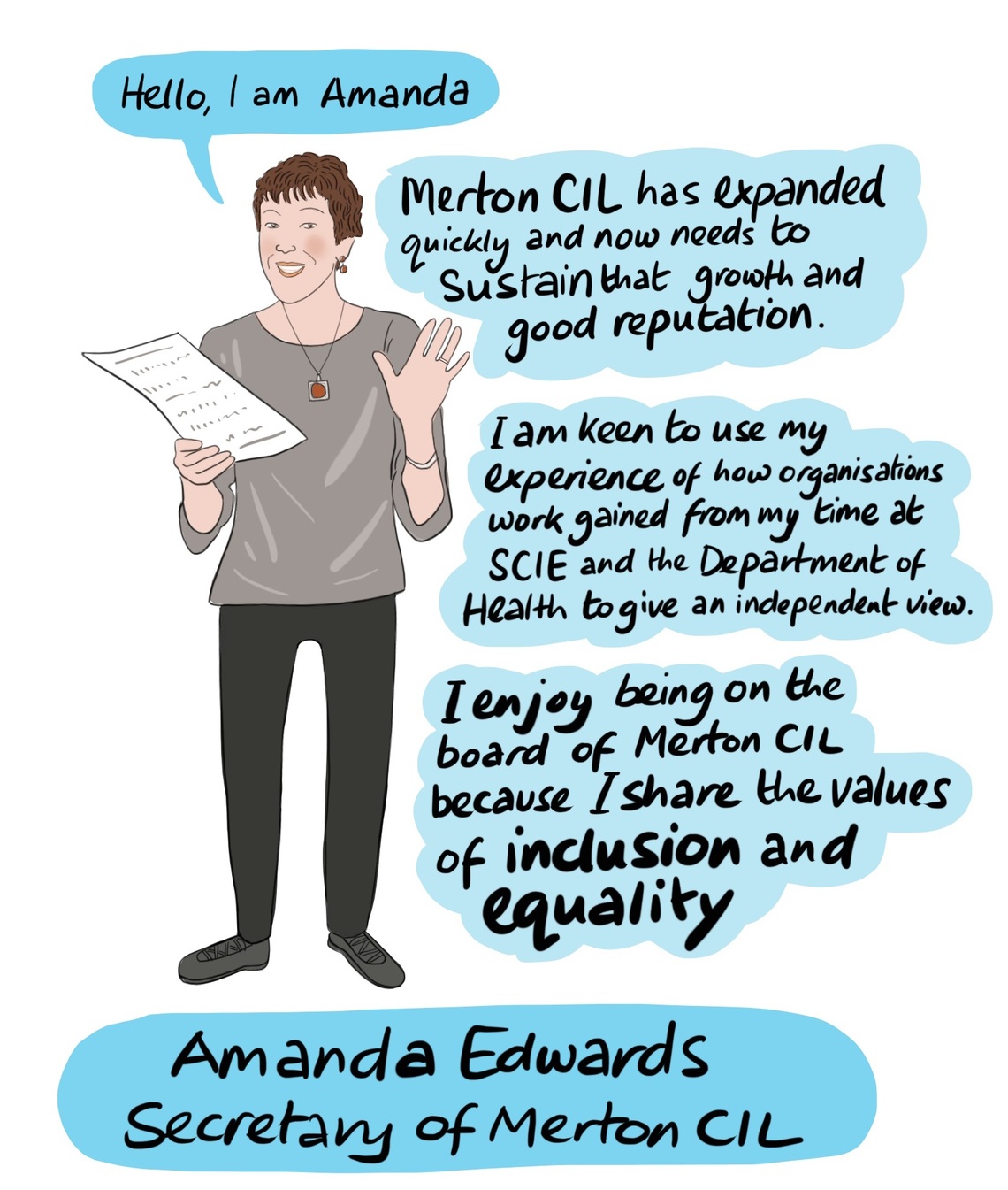 Amanda - The values of inclusion and equality which are the basis of our work, drew Amanda to join Merton CIL as they are ones that she has shared throughout her working life. She has seen the difference that a strong voice and good support can make to people’s lives from her time as a manager and social worker in South London. Also during her time working on policy at the Department of Health and most recently at SCIE with people who use services as board members and on committees to produce good practice advice and guidance. Merton CIL has expanded quickly and now needs to sustain that growth and good reputation amd Amanda is keen to use her experience of how organisations work to give an independent view.